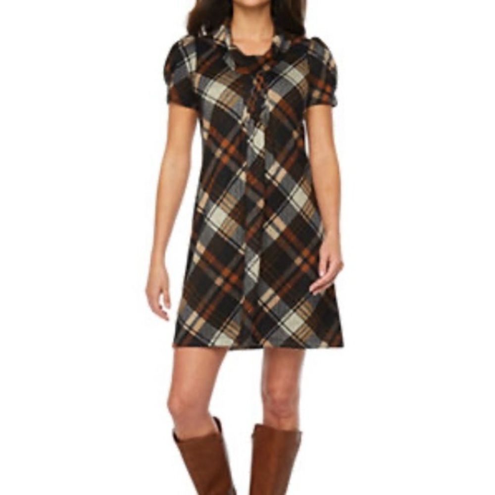 JH Jessica Howard Short Puff Sleeve Cowl Neck Plaid Knit Dress Size M